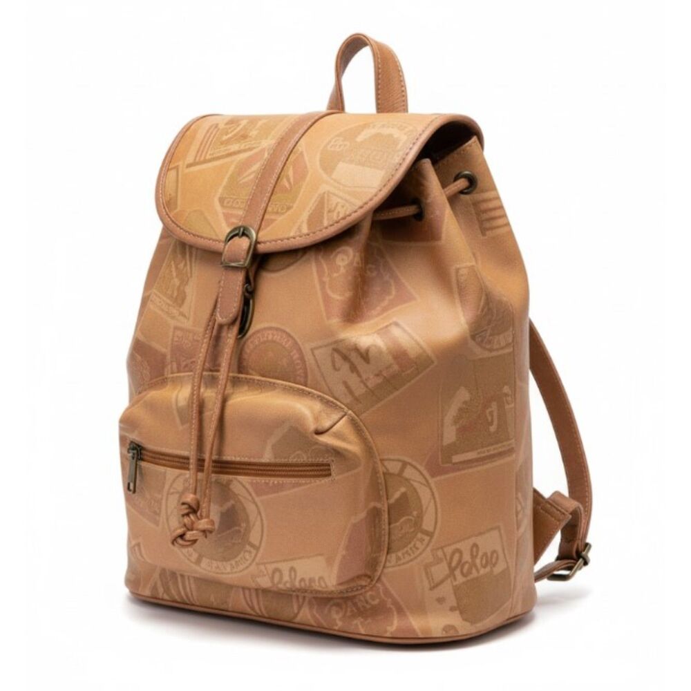 Bonjour Backpack Brown Tan Vegan Leather Postcard Travel Stickers Large